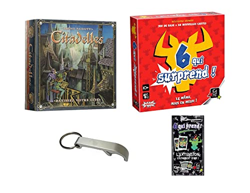 Juego de 2 juegos de viaje de ciudadelas + 6 que sorprenden + extensión + 1 abrebotellas Blumie (Ciudadelas + 6 Quién Sorprende)