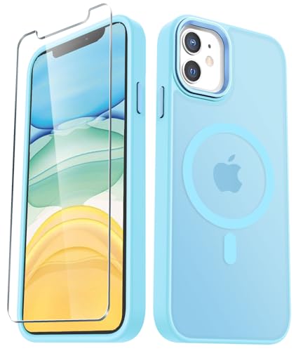 Image of YENAPOON for iPhone 12 Pro /iPhone 12 Case, Matte Magnetic Case, Light Blue | Fit for Magsafe, Screen Protector Included, Matte Translucent Frosted Slim Shockproof Protective Phone Cover