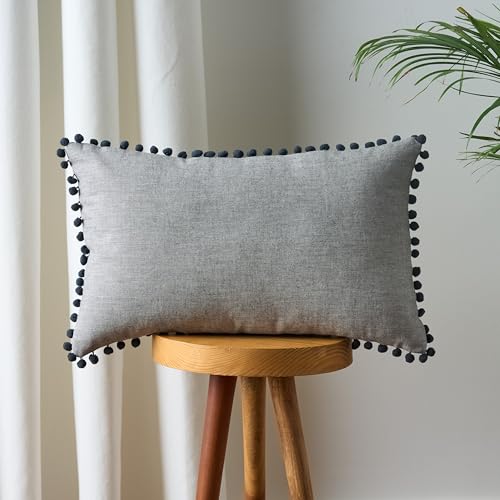 Image of 100% Cotton Pom Pom Cushion with Filler, Elegant & Modern Cushion Cover for Living Room, Rectangle, 12 inchx20 inch, uni Chambray, Set of 4 - Charcoal Grey