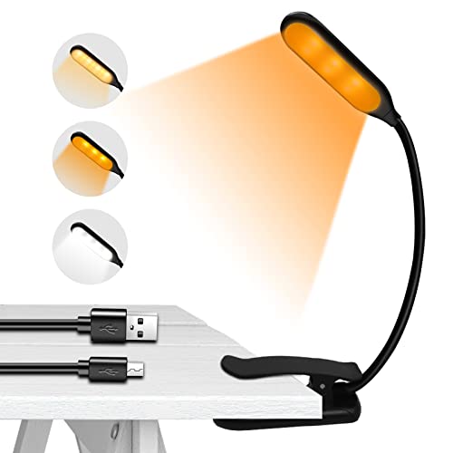 Leselampe Buch Klemme, Buchlampe mit 14 LEDs, 3 Farben und Stufenlose Dimmmodi, 360°Flexibel USB Wiederaufladbare Buchlampe LED Klemmleuchte,1800K-6500K für Notenständer, Nachtlesen, Büro, Buch