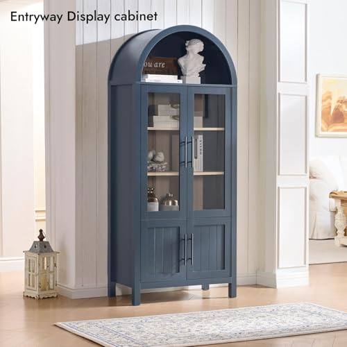 Image of 71 inch Tall Arched Display Cabinet, 5-Tier Bookshelf Modern Farmhouse Arched Bookcase with Glass Doors and Shelves, Wooden Pantry Storage Cabinet for Living Room, Office and Kitchen, Blue