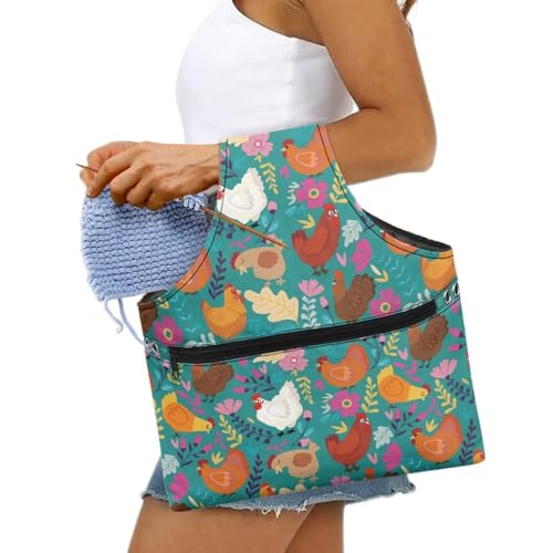 Image of KUIFORTI Boho Yarn Bag Cute Chicken Knitting Needles Holder Bag Yarn Project Bag Needlework Tool Tote Bag with Front Zipper Pocket Lightweight Casual Shopping Handbag Large Size