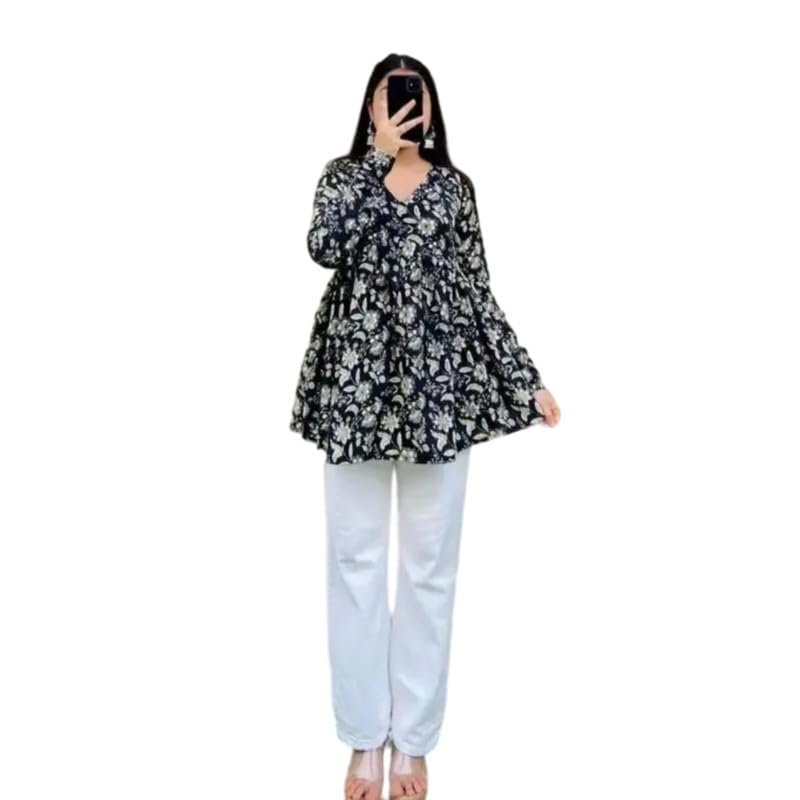 Image of Women's Floral Printed V-Neck Waist Length Full Sleeves Short Kurti Top