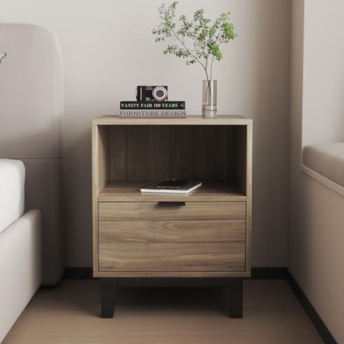 La Mejor Lista de Buro de Recamara - los preferidos. 49 MOBI Buró para Recámara Contemporáneo Tokio - 1 Cajón Color Nogal - Largo 45cm x Alto 64cm - Mesa de Noche de Madera - Mueble Auxiliar