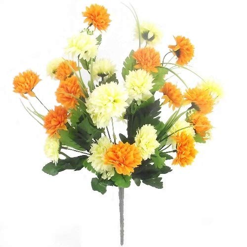 Gorgeous Artificial Silk Orange & Cream Mini Chrysanthemum / Mum bush with Leaves ca 35 flower heads - grave home spring flowers