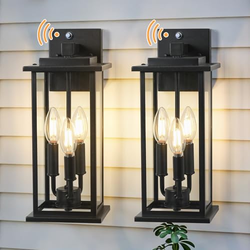 ZHMDJDSH Dusk to Dawn Outdoor Wall Lantern Candelabra 3-Light, 15" Exterior Wall Light Fixture with E12 Base Outside Lights for House Porch Garage, Black 2 Pack