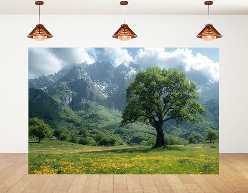 5x4ft Alpine Meadow with Lone Oak Tree Backdrop Mountain Nature Photography Background for Outdoor Event and Wedding Decorations Tapestry Photo Booth Props