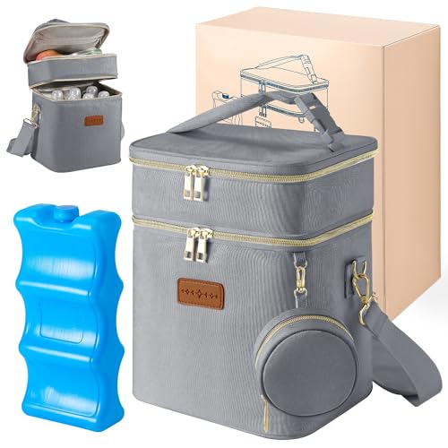 Image of Breastmilk Cooler Bag with Ice Pack & Pacifier Case, Large Double Layer Insulated Baby Bottle Cooler Fits 6 Bottles, Breast Pump Storage Bag for Working Nursing Moms, with Gift Box
