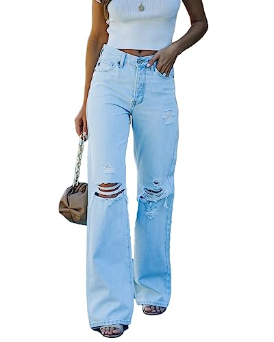 2023 Elegant Ripped Jeans for Women High Waist Wide Leg Boyfriend Jeans Stretchy Bell Bottom Baggy Blue Denim Pants