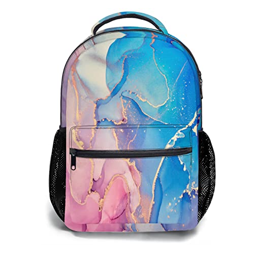 Pink Marble Backpack for School - Blue Purple Backpack Gold Glitter Texture Bookbag Abstract Ink Paint Rucksack Daypacks Stone Art Daypack for Boys Girls