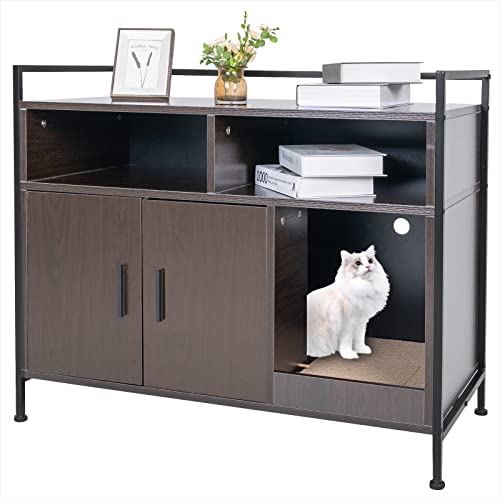 Elecwish Litter Box Enclosure, Hidden Cat Litter House with Metal Frame, Modern Wooden Cabinet Furniture with Entranc, Cat Scratch Pad Living Room, Bedroom, Brown Elecwish Litter Box Enclosure, Hidden Cat Litter House with Metal Frame, Modern Wooden Cabinet Furniture with Entranc, Cat Scratch Pad Living Room, Bedroom, Brown