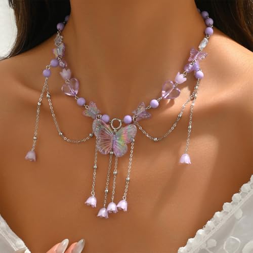 Charm Layered Butterfly Choker Necklaces for Women, Vintage Purple Butterflies Beaded Flower Pendant Tassel Chain Necklace Y2K Jewelry Fairy Aesthetic Gift3