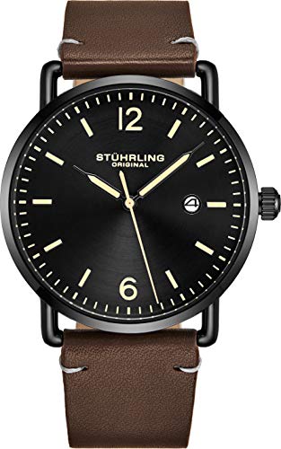 Stuhrling Original Leather Watch Brown Strap Black IP Plated Case with Black Dial - Minimalist Style 38mm Case with Date - 3901 Mens Watches Collection