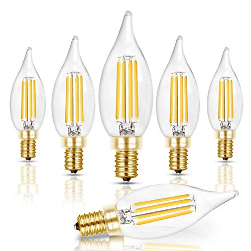 Hizashi E12 Candelabra Bulb 40 watt, 90+ CRI Dimmable Candelabra LED Bulbs, 4W 450LM 5000K Daylight White, E12 Bulb Flame Tip CA10 Candle Light Bulbs, UL Listed - 6 Pack 40w Daylight White 6