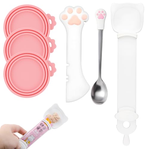 Cfyosnk 6 PCS Cat Food Can Covers Set Reusable Silicone Can Lids with Opener Stainless Steel Wet Food Spoon & Cat Treat Squeezer for Pet Feeding and Storage Fits Cats & Dogs