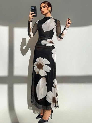 Image of Women's Bodycon Maxi Fashion Long Sleeve Floral Print Party Dresses