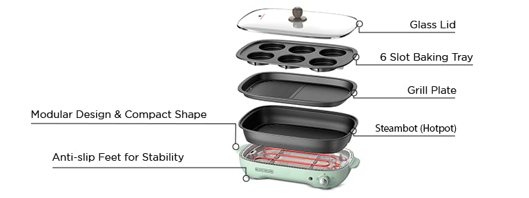 BLACK+DECKER 3-in-1 Multifunction Grill, 1400W, 4L Family-Sized Capacity, Dual Pattern Grill Plate, 3 Interchangeable Non-Stick Pans for Hotpot, Grilling, Baking & Frying – Multi Color, GMF1400-B5