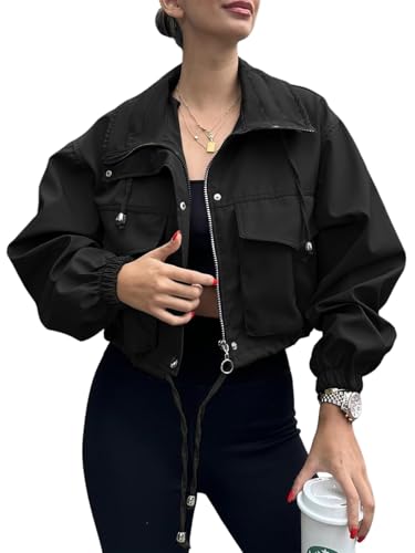 Tankaneo Damen Crop Zip Up Jacke Oversized Langarm Anorak Coat mit Taschen Reißverschluss Kurz Bomberjacke Schwarz XL