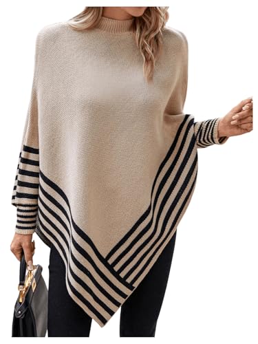 MakeMeChic Women's Winter Sweaters 2024 Poncho Sweater Striped Mock Neck Dolman Sleeve Asymmetrical Sweaters Top