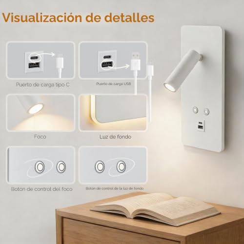 Lámparas de lectura LED de pared con interruptor para leer sin molestar a tu pareja en la cama 3