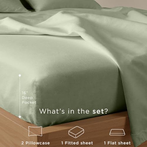 Threadmill Cotton Queen Sheet Set | 100% Cotton Sheets for Queen Size Bed | Solid Sateen Queen Bed Sheets Set with 16” Deep Pocket | Soft Breathable 4-Piece Cooling Bedding Sheet Set | Sage Green