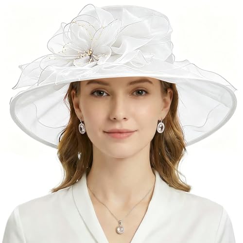 AQOKKA Women Organza Church Fascinators Kentucky Derby Hats for Women and Girls Wedding Flower Tea Party Hat with Wide Brim White