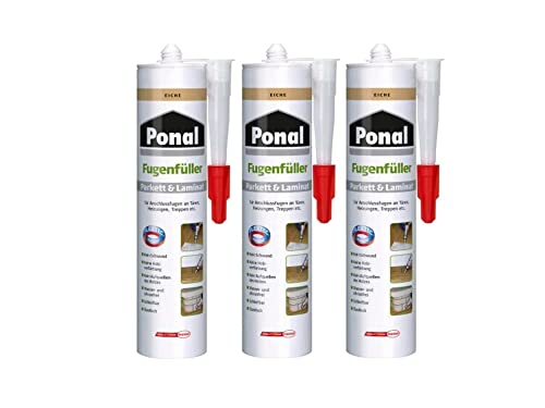 Ponal Parkett & Laminat Fugenfüller Eiche, elastische Fugenmasse für Anschluss- und Dehnungsfugen, lösemittel-, wasser- und silikonfreie Dichtmasse, 3x280ml Kartusche