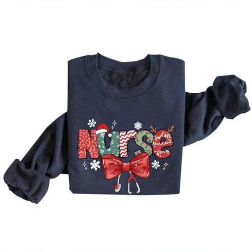 Image of TONGCHEN Holiday Coquette Christmas Nurse Sweatshirt for Women Nursing Sweatshirts Pullover Gifts for Nurses Xmas (US, Alpha, Small, Regular, Regular, Haze Blue)