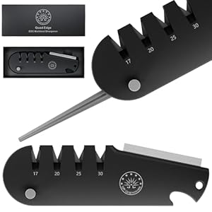 Off-Grid Knives – QuadEdge Knife Sharpener with 4 Angles: 17° | 20° | 25° | 30°, Diamond Rod, Fishing Hook Sharpener, Ceramic Honing Stone – Camping, Fishing, Hunting, Boating (Black)