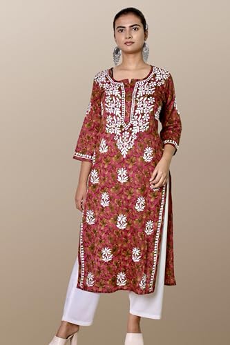 Image of KASANI Hand Embroidery Plus Size Chikankari Kurta for Women Rayon Straight Chikan Kurti