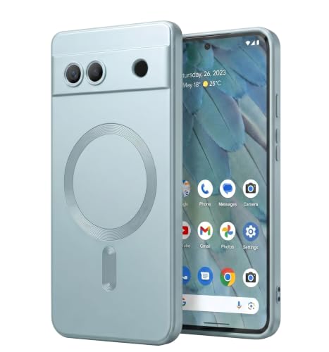 Image of amazon basics Premium Mag-Safe Case for Google Pixel 7A | Shockproof & Anti-Scratch Cover | Soft Silicone with Wireless Charging | Camera Lens Guard - Blue