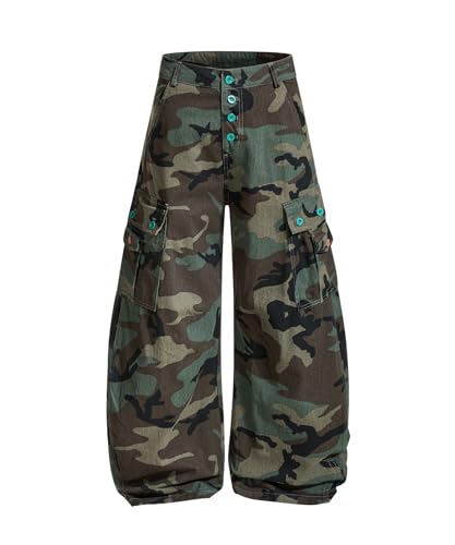 Unisex Vintage Wide Leg Cargo Jeans Retro Baggy Barrel Denim Pants with Large Pockets