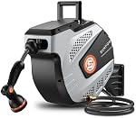 SUNPOW Retractable Garden Hose Reel - 1/2 inch x 50ft Wall Mounted Hose Reel with 3/4 inch Brass Fitting & 10 Function Sprayer Nozzle - Any Length Lock, Auto Rewind System, 180°Swivel Bracket - Grey