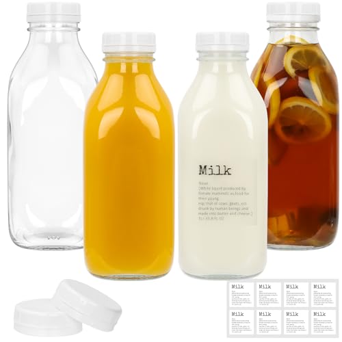 DHSBTLS Lot de 4 bouteilles en verre pour lait avec couvercle, 1000ml Conteneur en verre réutilisable pour réfrigérateur pour conserver le lait frais, bocal hermétique robuste transparent pour jus