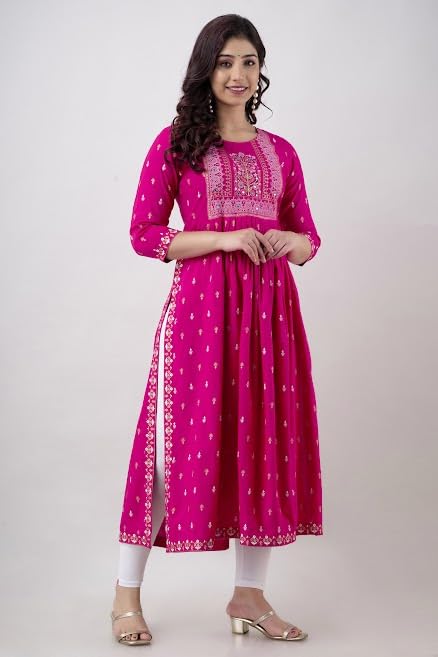 Image of Jai Shree Fab Women's Rayon Round Neck 3 /4 Sleeve Printed Kurti with Side Slit Pattern
