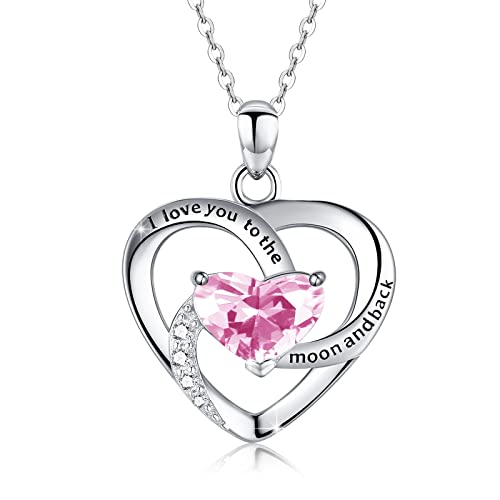 AOVEAO 925 Sterling Silver I Love You to The Moon and Back Necklace, Heart October Birthstone Pendant Necklace,Cubic Zirconia Love Heart Pendant Jewelry Birthday Gifts for Women Girls