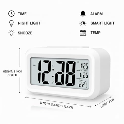Image of Rorian Digital Alarm Clock - Large LCD Display with Smart Backlight, Indoor Temperature, Date & Calendar, Battery Operated Portable Desktop Clock for Bedroom, Travel, and Office (White)