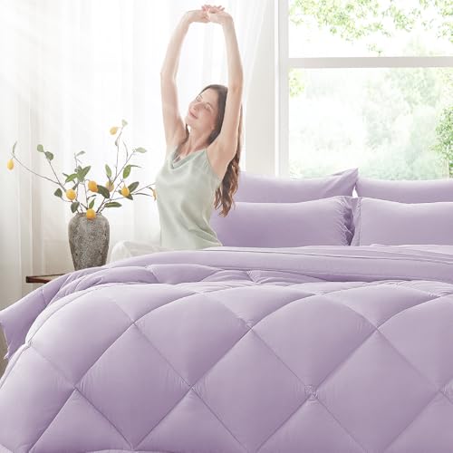 Anluoer Queen Comforter Set,Lavender Bed in a Bag 7 Piece,Lightweight Bedding Set with Soft Down Alternative Fill,Bed Set Includes Comforter, Fitted Sheet, Flat Sheet,Pillowcases and Shams