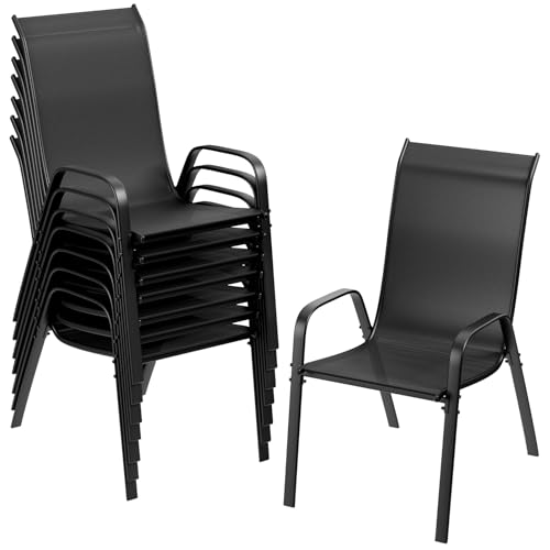 LIFERUN Gartenstühle Stapelstuhl Camping Stapelbar Hochlehner Terrassenstuhl Textilene Stahlgestell für Gärten Innenhöfe Balkone Restaurants 150 kg Belastbar 54 x 69 x 93cm (8pcs Schwarz)