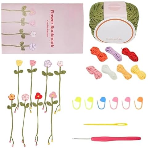 GUANGLU Crochet Kit for Beginners, 8 Crochet Flower Bookmarks Crochet Kit for Beginners Adults Kids DI Y Flower Crocheting Kit Handmade Knitted Book Marker Cover
