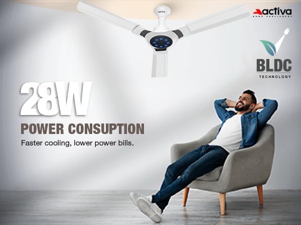 Image of ACTIVA Optima 1200mm BLDC Ceiling Fan with LED Light & Remote | 28W Energy Saving 5 Star Rated Fan | High Speed Silent Anti Dust 3 Blade Ceiling Fan for Home, Bedroom & Living Room | White | Pack of 1