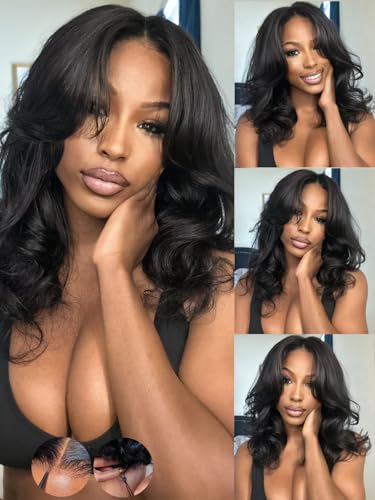 Image of KLAIYI Loose Body Wave Pre Everything Glueless 13x4Lace Front Wig Human Hair Drawstring Precut Lace Pre Plucked Bleached Bye Bye Knots 3S Ready to Wear and Go Wig with Face Framing Curtain Bang 16Inch