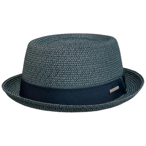 Stetson Ruviano Pork Pie Strohhut Melierter Hut UV Schutz 40+ Damen Herren Frühjahr Sommer dunkelblau XL (60-61 cm)