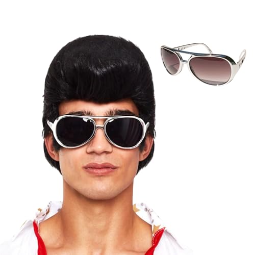Peluca Elvis Hombre Adulto+Gafas Elvis,Peluca Rockero, Accerosio Rockero, Accesorio Disco,Peluca Hombre Corto Negro Años 70 50 (Peluca Negro+Gafa Plata)