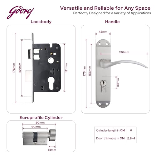 Image of Godrej Mortise Lock | BM 02 Handle Lock Set | for Home & Office | Satin Steel Finish | 200 mm Lockbody | Europrofile Cylinder 60mm Knob from Inside | 3Keys | Double-Throw Deadbolt | 5 Years Warranty