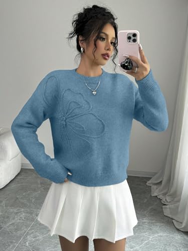 Image of Verdusa Women's Spring 3D Flower Appliques Crewneck Sweaters Long Sleeve Drop Shoulder Pullovers Knit Going Out Tops