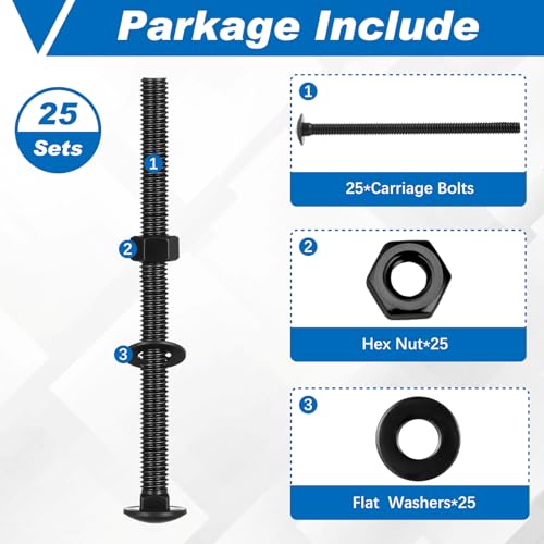 Image of Zonon 25 Sets 1 /4-20 x 4 Stainless Steel Carriage Bolts and Nuts Kit Round Head Square Neck Carriage Bolts Screws and Hex Nuts and Flat Washers, Stainless 18-8 Full Thread Coverage (Black)