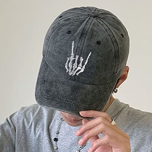 Image of Unisex Skull Skeleton Hand Hat, Embroidered Halloween Bones Finger Adjustable Washed Cotton Denim Baseball Cap