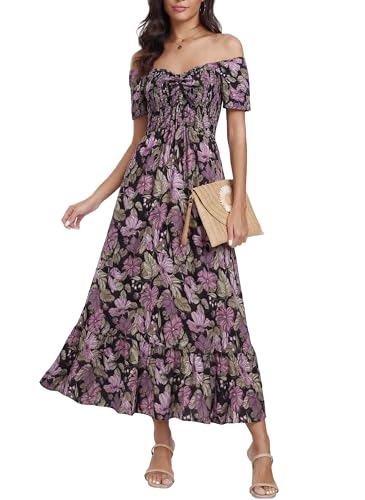 Image of Summer Smocked Boho Maxi Dress for Women 2026 Short Sleeve Floral Smocked Flowy Ruffled Beach Vacation Dresses Lightweight