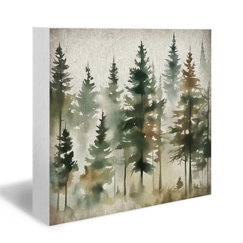 DUXMNAMG Watercolor Pine Tree Wood Box Signs, Nature Inspired Desk Shelf Decor, Forest Pine Tree Wooden Block Plaque Box Sign for Home Room Office Desk Shelf Table Decor
